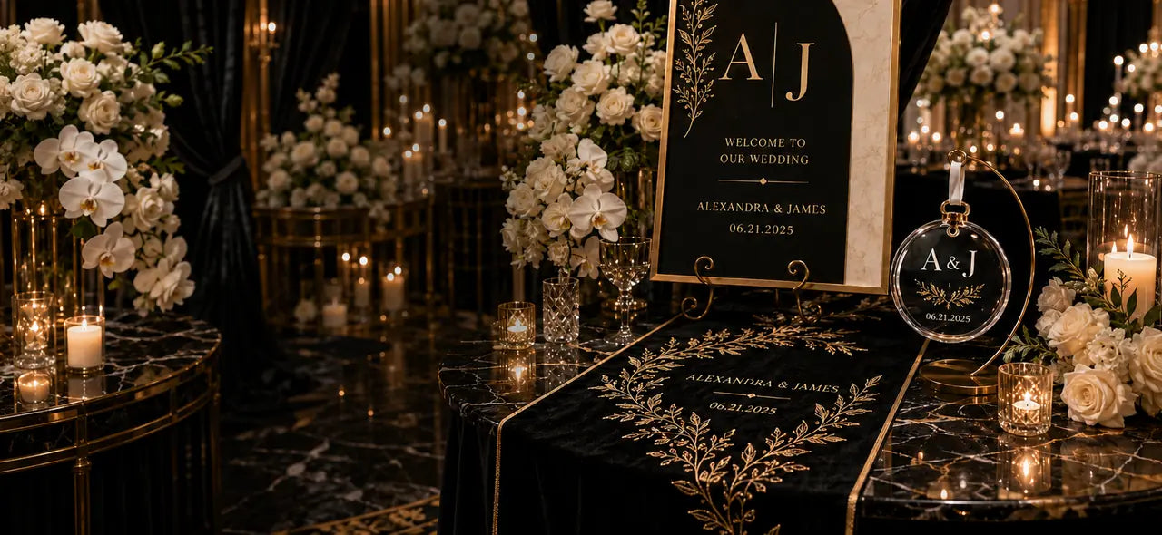 Black-and-gold ballroom reception: an arched welcome sign monogrammed A|J on a gold easel, a black velvet runner embroidered with the couple’s names, white orchids and candlelight