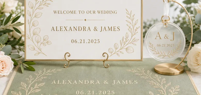 Three personalized wedding pieces set together: a white welcome sign in a gold frame reading “Alexandra & James, 06.21.2025”, a clear acrylic ornament monogrammed A & J, and a sage linen table runner printed with the same names and date, among eucalyptus and ivory roses