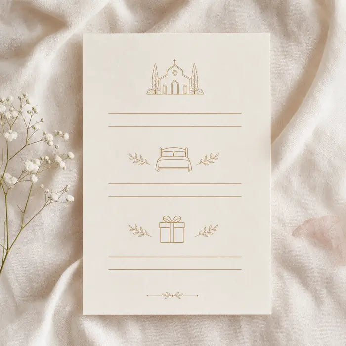 Ivory wedding details card with venue and accommodation icons