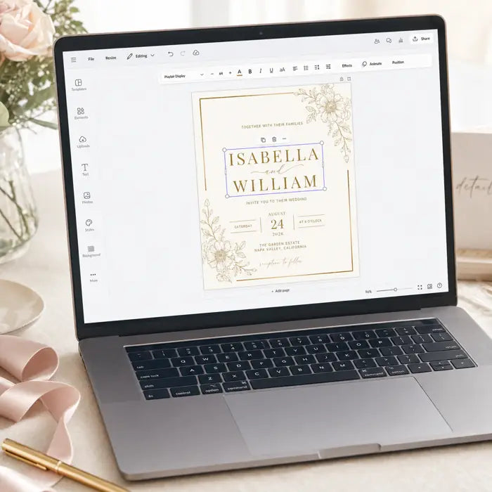 Wedding invitation being customized in a browser design editor