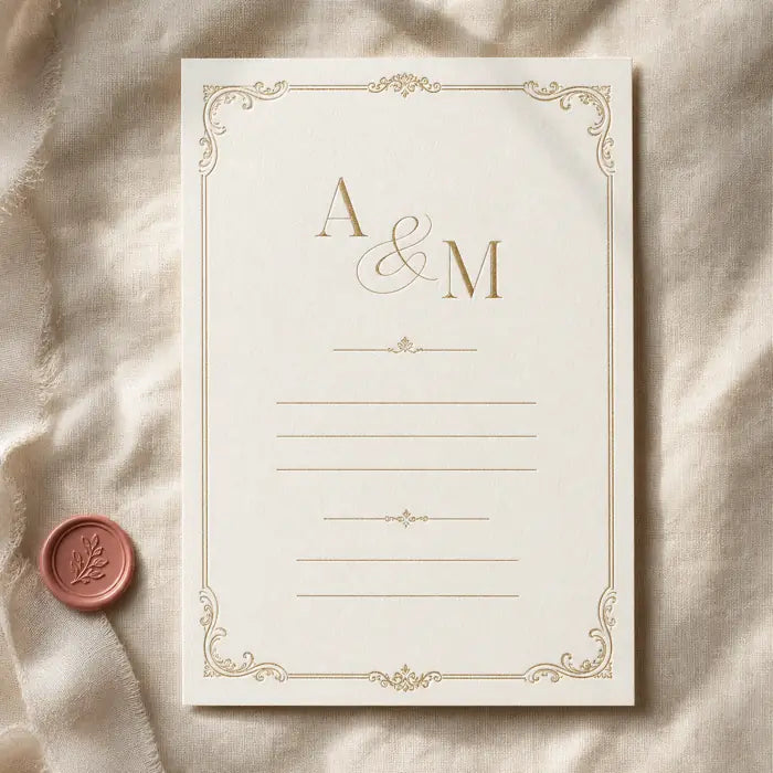 Front of an ivory five-by-seven wedding invitation
