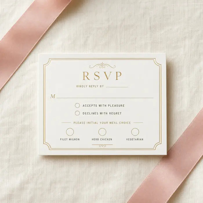 Ivory wedding RSVP card with champagne-gold typography