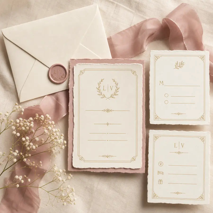 Ivory invitation, RSVP and details card suite with blush ribbon