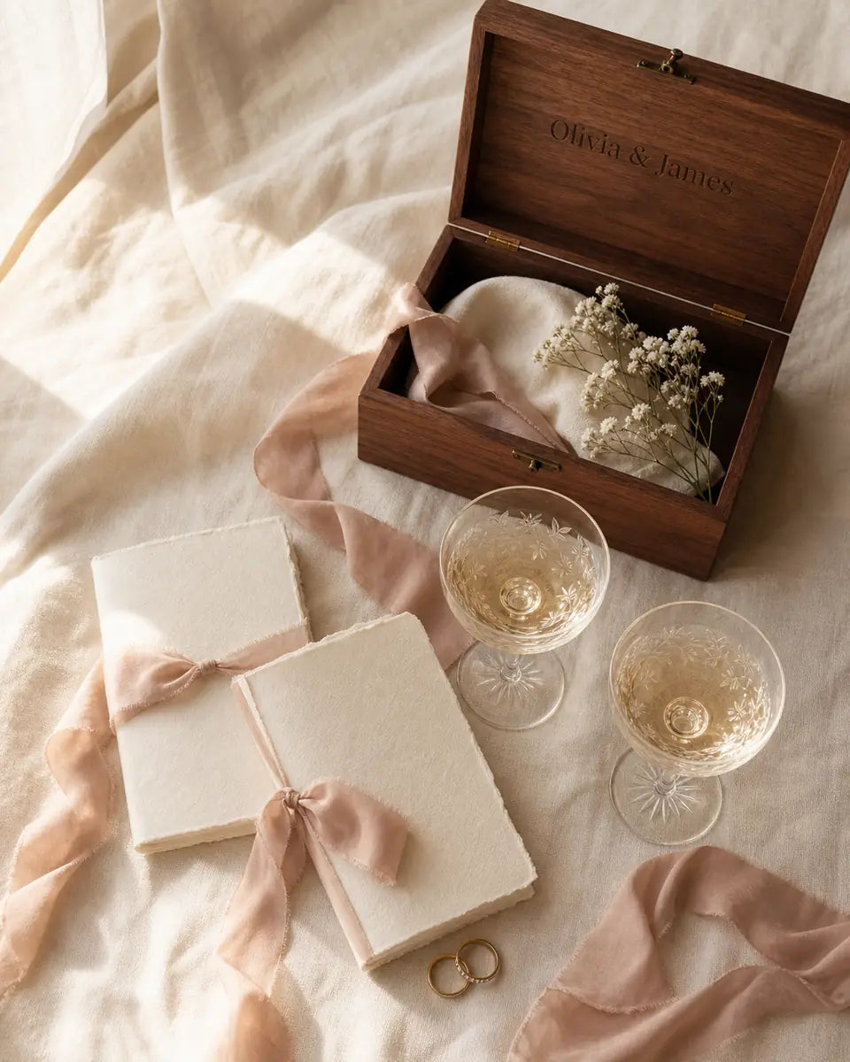Personalized walnut keepsake box, vow books and champagne glasses on cream linen