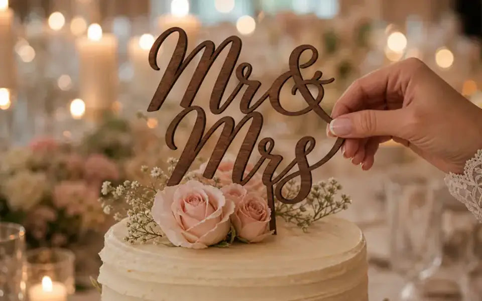 Personalized wooden topper above an ivory wedding cake
