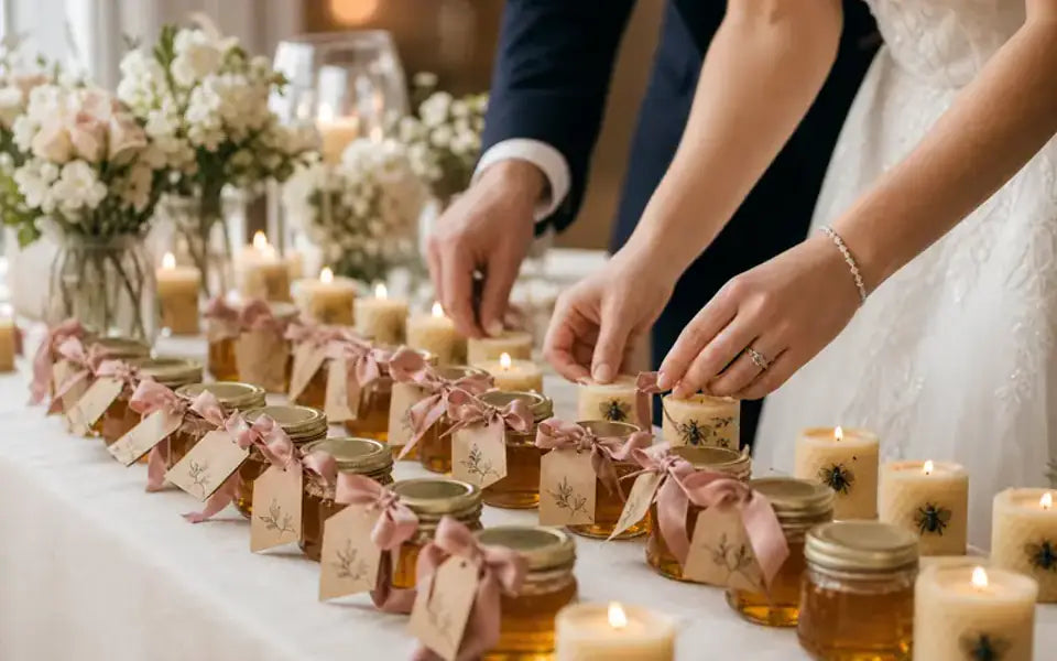 Personalized honey jar favors prepared by a bride and groom