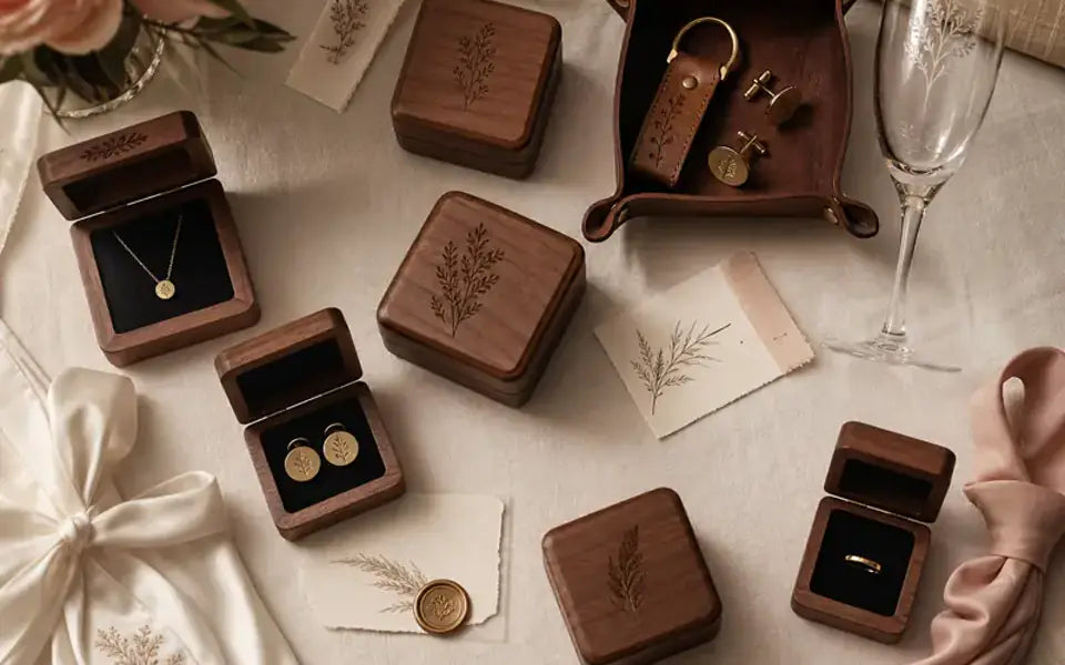 Personalized walnut jewelry boxes and engraved wedding-party gifts