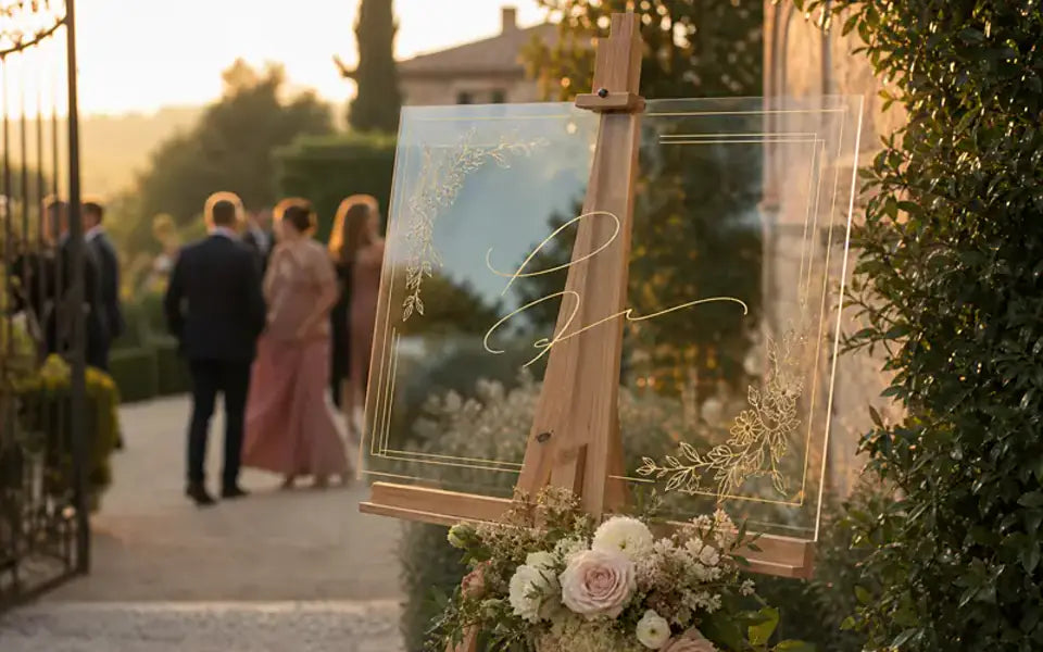 Acrylic welcome sign greeting guests at a golden-hour garden wedding