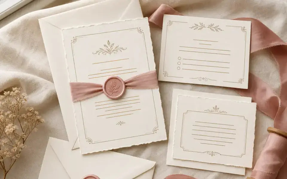 Handmade ivory invitation cards with champagne-gold details