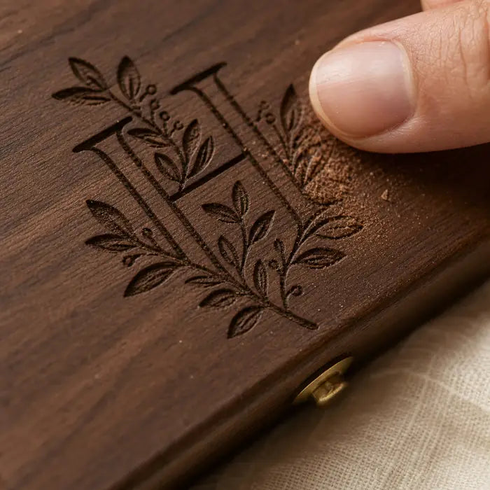 Close-up of a botanical monogram engraved into walnut