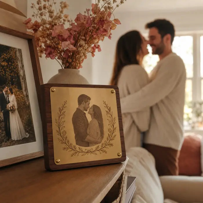 Personalized anniversary plaque displayed in a warm family home