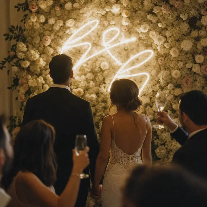Newlyweds holding hands beneath their glowing reception monogram